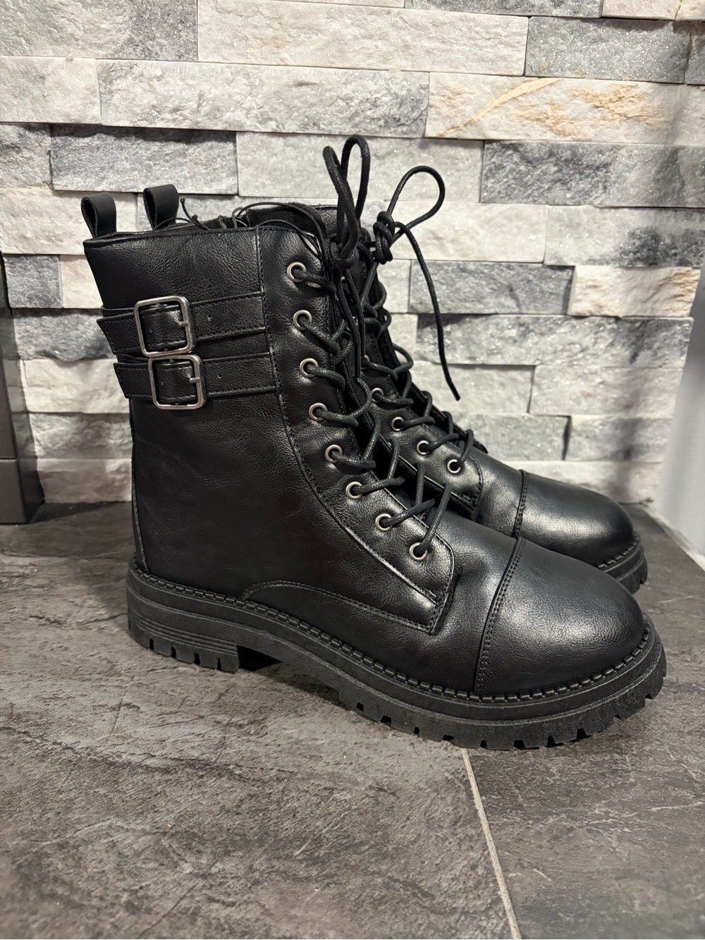 Black Lace-Up Combat Boots with Buckle Detail